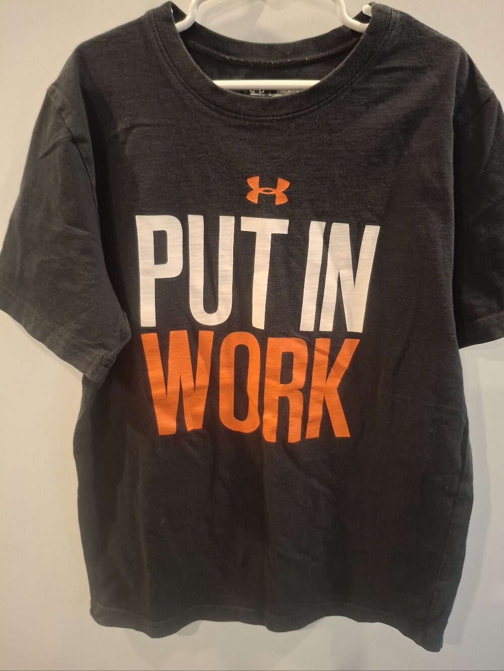 Under Armour Black Tee with White and Orange 'PUT IN WORK' Graphic